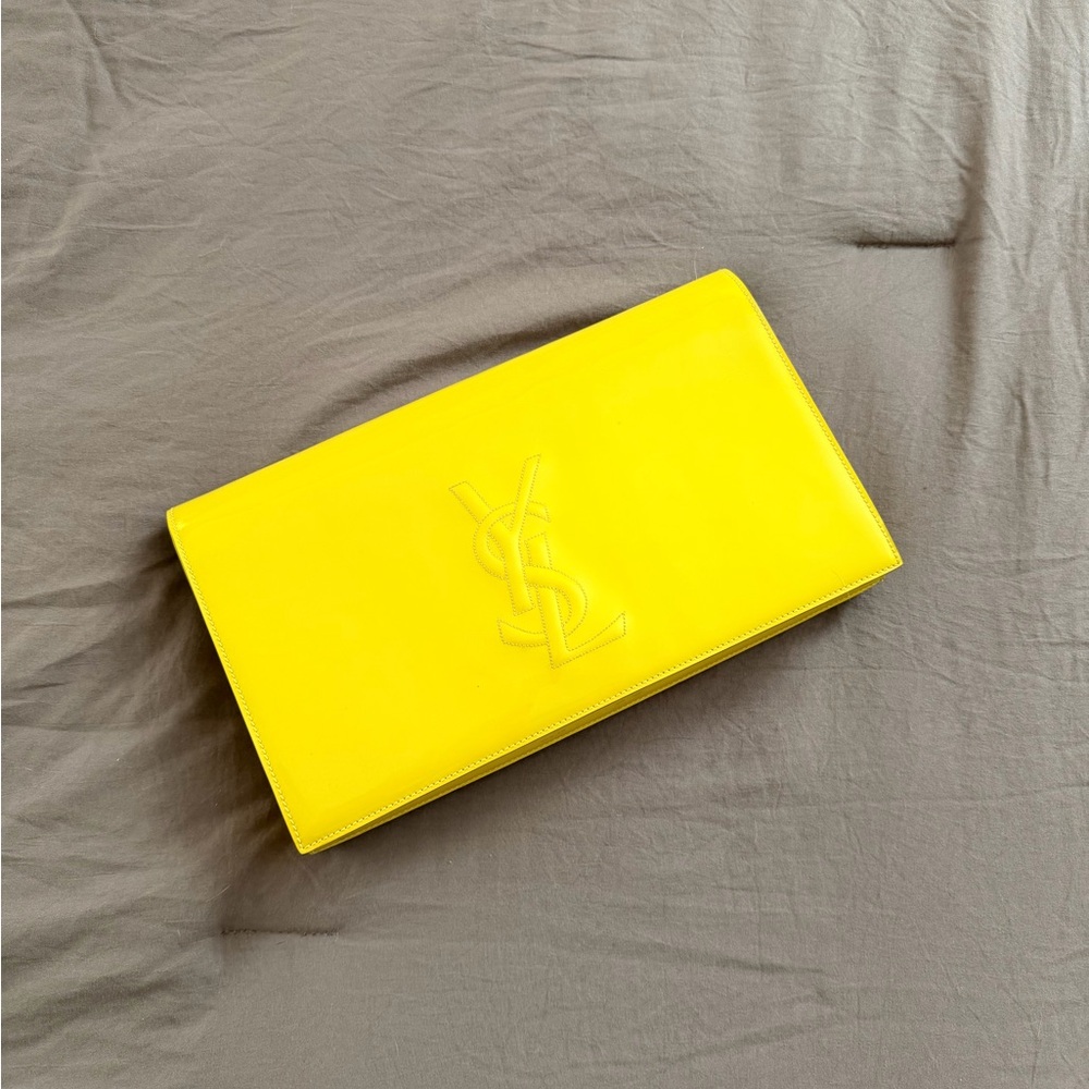 Saint Laurent Patent Yellow YSL Embossed Leather Clutch